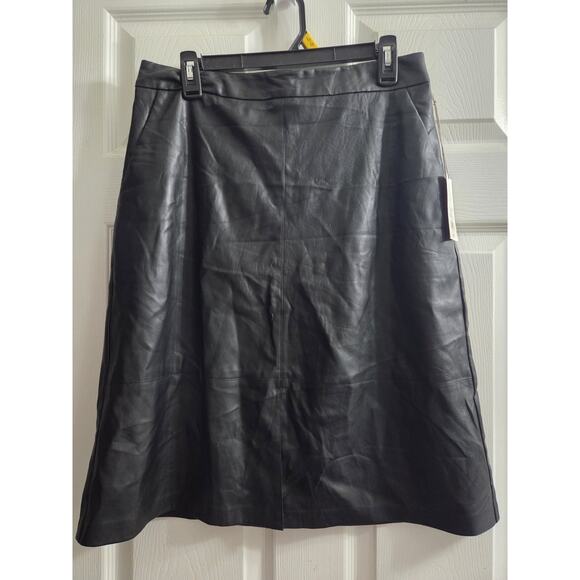 A New Day Women's Faux Leather Black Midi A Line Skirt NWT Size 10 Front Split - Picture 2 of 8